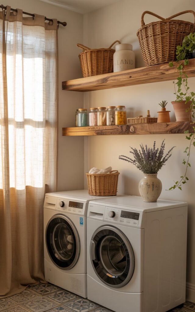 A photograph showcasing a serene laundry room bathed in soft, natural light. Two floating wooden shelves, crafted from reclaimed oak, are mounted above a neatly arranged white front-loading washer and dryer, displaying a curated collection of woven baskets, glass jars filled with colorful detergents, and small terracotta pots with trailing ivy. A sheer linen curtain filters the sunlight, casting a warm glow on the cream-colored walls and rustic patterned tile floor, while a vintage ceramic vase with sprigs of dried lavender adds a touch of understated charm. The room exudes a feeling of tranquil functionality and cozy domesticity.