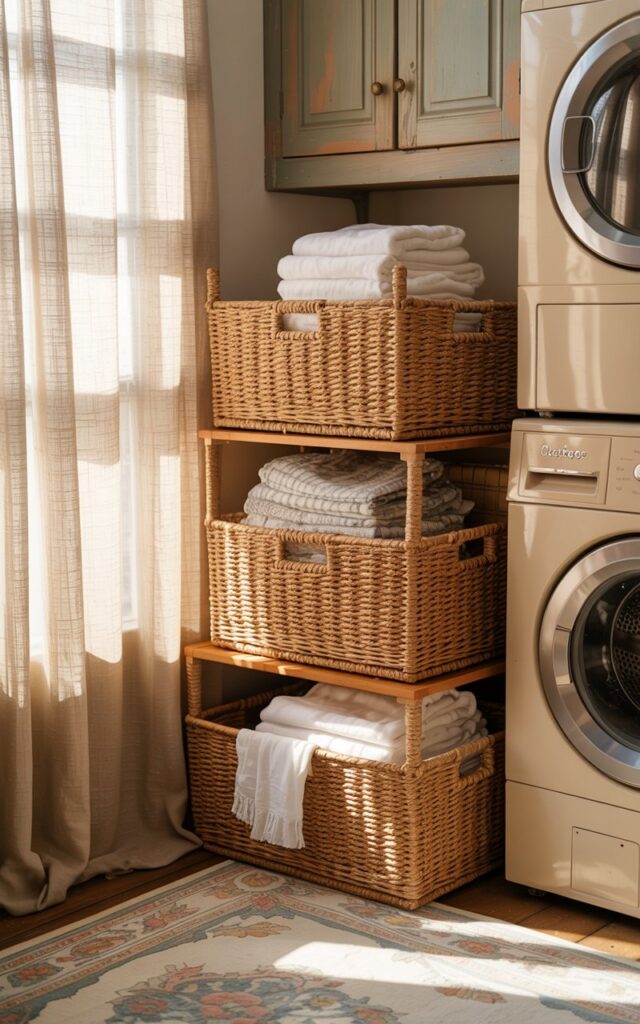 A photograph of a charming cottagecore-style laundry room centered around three stackable woven bins filled with neatly folded linens. The bins are crafted from natural seagrass and stacked beside a vintage-style washing machine and dryer, creating a functional yet aesthetically pleasing arrangement. Soft sunlight filters through a sheer linen curtain, illuminating a patterned rug with a delicate floral motif and illuminating the aged wooden cabinetry, all bathed in a warm, inviting glow. The overall scene evokes a sense of peaceful domesticity and rustic elegance.