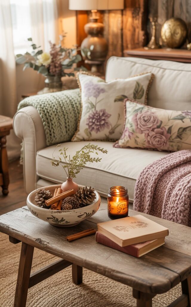 A cozy cottagecore-style living room photograph with warm, inviting ambiance and rustic charm. A cream linen-upholstered sofa is adorned with chunky knitted throws in sage green and dusty rose, complemented by floral cushions in muted lavender and cream tones. On a weathered oak side table, a hand-painted ceramic bowl holds natural pinecones and cinnamon sticks, accompanied by a small stack of vintage books with worn leather spines, a flickering amber candle in a mason jar holder, and a delicate sprig of dried eucalyptus in a tiny terracotta pot. Soft golden sunlight filters through sheer white curtains, casting gentle shadows across a braided jute rug and illuminating exposed wooden beams, vintage brass accents, and dried flower arrangements that complete this whimsical countryside retreat.