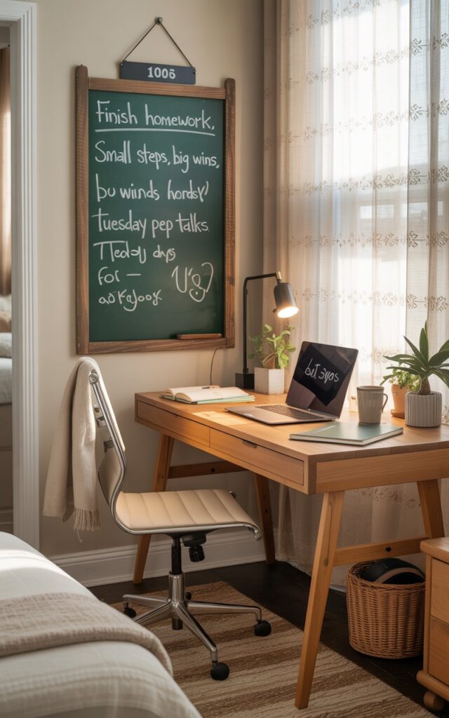 A cozy farmhouse-style home office featuring a small vertical green chalkboard mounted on a wall above the desk. The chalkboard displays notes and reminders such as “Finish homework,” “Small steps, big wins,” and “Tuesday pep talks” in playful handwriting. The desk below holds essentials: a laptop, notebooks, a coffee cup, and a small plant. The office includes a wooden desk with angled legs, a sleek ergonomic chair, and a textured rug. The workspace is tucked in a corner of a bedroom with sunlight filtered through sheer embroided curtain.