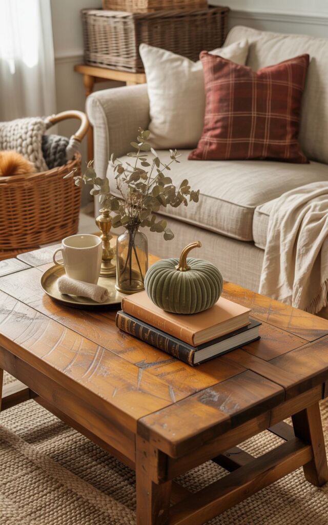 A photograph of a cozy farmhouse-style living room centered around a rustic wooden coffee table with rich honey-colored grain and gentle wear marks. The table displays a carefully curated autumn vignette: a small stack of vintage leather-bound books with faded gold lettering supporting an elegant sage green velvet pumpkin, alongside a cream ceramic mug, an aged brass candle holder, and a petite glass vase filled with dried eucalyptus branches. A plush linen sofa in warm oatmeal tones is adorned with burgundy plaid and cream throw pillows, while a natural jute rug anchors the seating area and a woven wicker basket overflows with chunky knit throws in muted autumn hues. Soft afternoon sunlight streams through gauzy white curtains, casting gentle shadows that emphasize the weathered wood textures, cozy fabrics, and the room's palette of warm browns, muted greens, and cream tones.