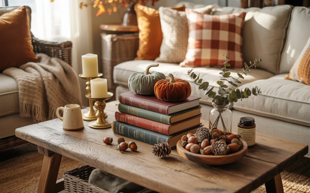 A photograph of a cozy farmhouse-style living room centered around a rustic wooden coffee table adorned with autumn decorations. The weathered oak table displays a carefully arranged stack of vintage leather-bound books with faded burgundy and forest green spines, topped with two plush velvet pumpkins in sage green and burnt sienna that catch the warm light beautifully. Scattered around the books are brass candlesticks with ivory pillar candles, a ceramic mug in cream glaze, a wooden bowl filled with glossy acorns and textured pinecones, and a small mason jar vase holding dried eucalyptus sprigs. The surrounding space features a linen sectional sofa in oatmeal tones with buffalo plaid throw pillows in rust and cream, all resting on a natural jute area rug, while a wicker basket overflows with chunky knit blankets in neutral earth tones, and golden afternoon sunlight filters through gauzy white curtains to create a warm, nostalgic atmosphere.