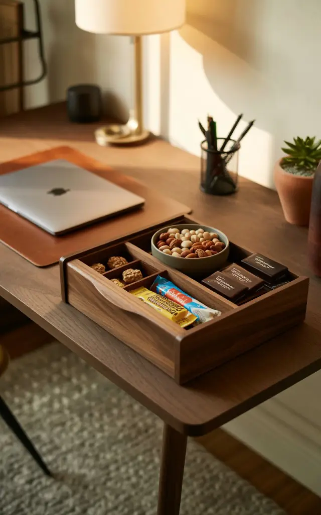 A photograph showcasing a sleek, walnut drawer organizer sitting prominently on a mid-century modern desk. The organizer contains a curated selection of snacks: a bowl filled with mixed nuts, several granola bars, and a few dark chocolates arranged neatly. The desk itself is uncluttered, featuring a closed laptop, a minimalist pen holder with black pens, and a small succulent in a terracotta pot, all bathed in the warm, soft glow of evening light filtering through a nearby window. A textured, muted gray rug lies beneath the desk, adding a layer of understated elegance to the home office setting.