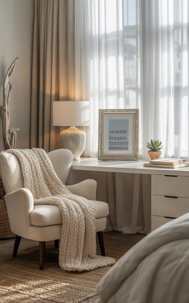 A photograph of a luxurious home office nestled within a serene bedroom, embodying coastal chic design. A plush, oatmeal-colored armchair sits beside a large window, draped with a cream-colored knit throw, capturing the morning sunlight. On the sleek, white desk, a silver framed photo of "Seaside Dreams" rests beside a small succulent in a terracotta pot, complemented by a stack of elegant linen-covered notebooks. Soft, sandy beige walls, a jute rug, and subtle driftwood accents complete the scene, bathed in the gentle, diffused light filtering through sheer white curtains.
