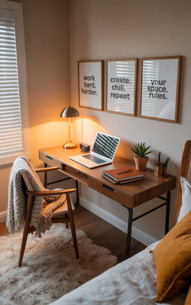 A photograph of a sunlit home office seamlessly integrated into a bedroom, creating a cozy and inspiring workspace. A sleek, dark walnut desk sits centered in the room, adorned with a silver laptop, open notebooks filled with handwritten notes, and a brass task lamp casting a warm glow. Above the desk, three playfully mismatched frames display the quotes “Work hard, lounge harder,” “Create. Chill. Repeat,” and “Your space, your rules,” while a plush cream rug and a textured throw blanket soften the space, complemented by a mid-century modern armchair upholstered in a muted teal fabric. Soft morning light streams through sheer linen curtains, highlighting the blend of traditional and modern elements in this stylish and inviting retreat.