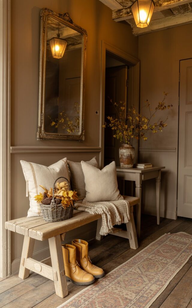 A warm, vintage-style hallway interior featuring a rustic wooden bench as the centerpiece, layered with cream and beige knit throws and soft linen cushions. The bench is thoughtfully styled with a small woven basket filled with golden fall foliage and pinecones, while a pair of worn tan leather boots rest neatly underneath on the weathered wooden floor. Above the bench, an ornate vintage mirror with an aged gold frame reflects the soft amber glow from a pendant light hanging from the exposed wooden ceiling beams. The taupe-painted walls showcase elegant wainscoting detail, and a narrow console table nearby holds a ceramic vase filled with rustic autumn branches, while a faded Persian runner rug in muted earth tones stretches across the floor, completing this nostalgic and inviting space.