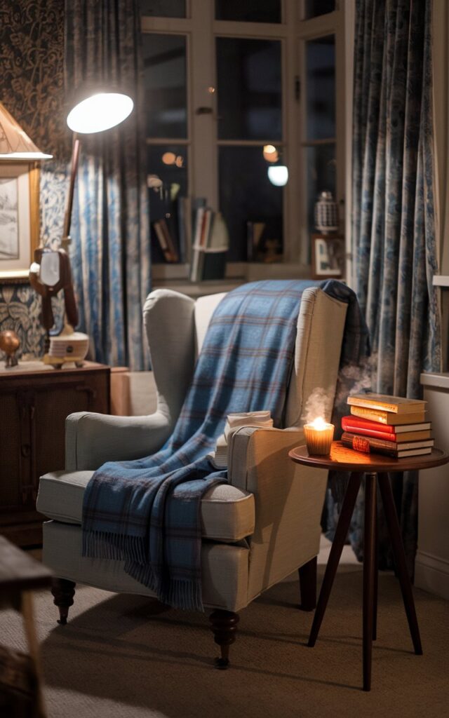 A photo of a cozy vintage-style reading nook in a living room at night. There's a soft blue plaid throw draped over a well-loved armchair with classic lines and slightly worn upholstery. A small wooden side table holds a stack of books, a steaming mug, and a flickering candle. The nook is softly lit by a floor lamp. The room has vintage artwork and patterned wallpaper, adding nostalgic warmth. The atmosphere is timeless, intimate, and perfect for slow, quiet moments.