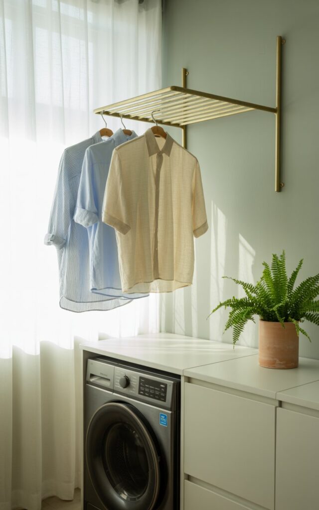 A photograph of a neatly organized laundry room bathed in soft morning light. A wall-mounted drying rack, crafted from brushed brass, extends gracefully from a pale grey accent wall, displaying a few freshly laundered linen shirts in muted blues and creams. Beside the rack, a stacked washer and dryer are integrated within sleek, minimalist white cabinetry, accented by a small terracotta pot containing a vibrant green fern. The scene exudes a sense of calm functionality, illuminated by diffused sunlight filtering through sheer white curtains.