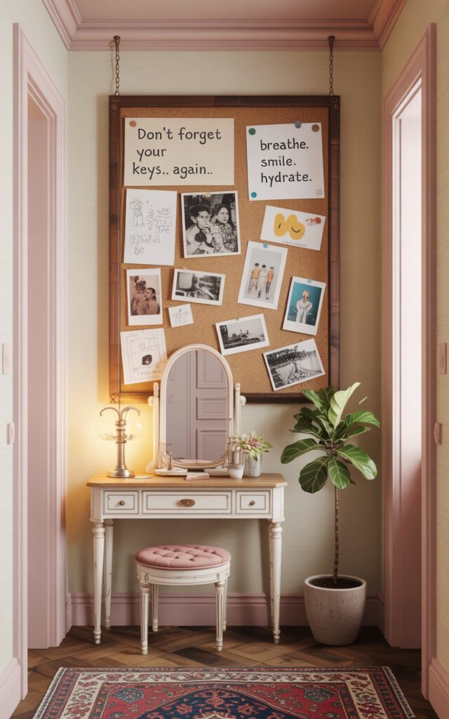 A photograph of a charming art deco hallway seamlessly blending farmhouse elements. A small corkboard hangs above a vintage vanity table, displaying a curated collage of items including handwritten notes reading “Don’t forget your keys... again” and “Breathe. Smile. Hydrate.” alongside playful doodles, faded Polaroids, and travel snapshots. The pastel-colored walls are adorned with subtle, textured wallpaper, while a slim console table and a plush patterned rug add warmth, complemented by a potted fiddle-leaf fig tree bathed in the soft glow of a brass table lamp. Overall, the scene exudes a cozy and inviting atmosphere.