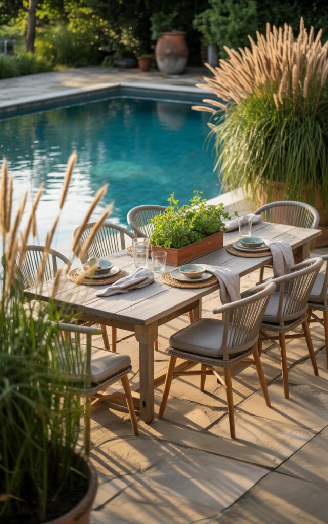 A photograph of a charming farmhouse-style patio overlooking a sparkling turquoise swimming pool. A large, weathered wooden dining table is set for an intimate gathering, adorned with linen napkins and delicate ceramic plates. Tall, swaying ornamental grasses frame the patio, creating a sense of privacy and texture, while soft outdoor rugs and vibrant potted herbs add warmth and color. The entire scene is bathed in the golden light of late afternoon, casting long, gentle shadows across the stone patio and highlighting the tranquil pool.