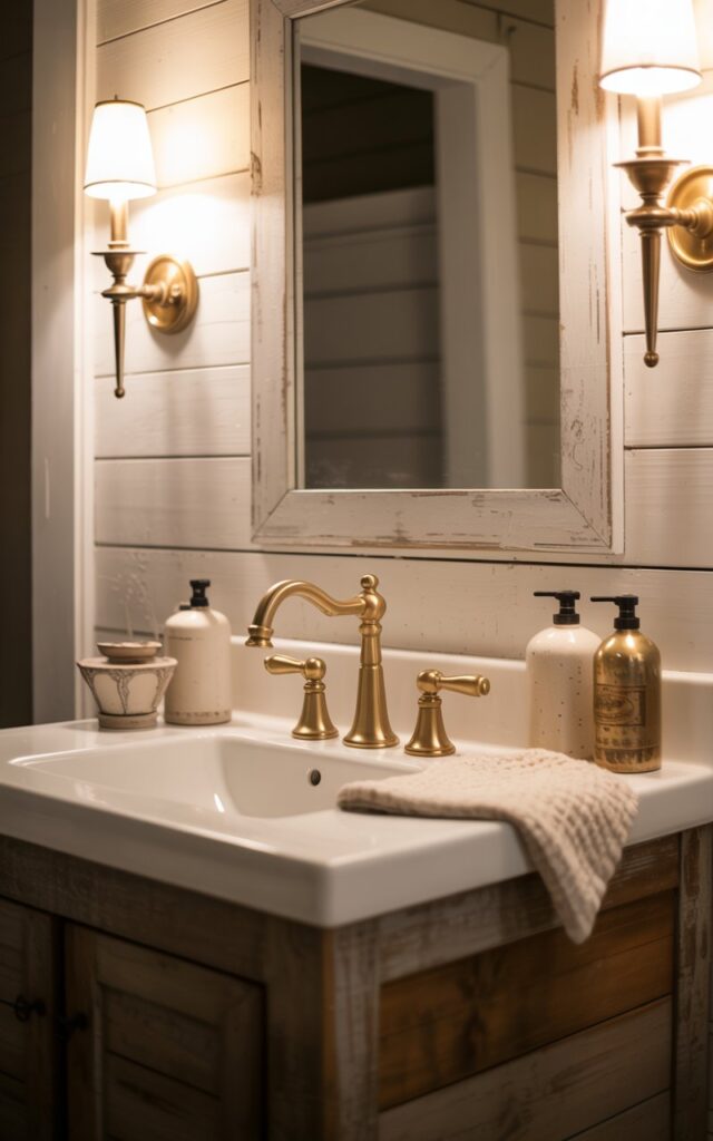 A nighttime photograph of a farmhouse-style bathroom vanity featuring elegant brushed gold faucet handles that gleam softly in the warm light. The vanity showcases a rustic reclaimed wood base paired with a crisp white porcelain sink, topped by a large rectangular mirror in a weathered frame. Classic brass wall sconces flanking the mirror cast a golden glow across white shiplap walls, illuminating carefully arranged ceramic accessories and plush linen hand towels in cream tones. The scene perfectly balances cozy rustic textures with refined gold accents, creating an atmosphere that feels both timeless and effortlessly elevated in the gentle evening light.