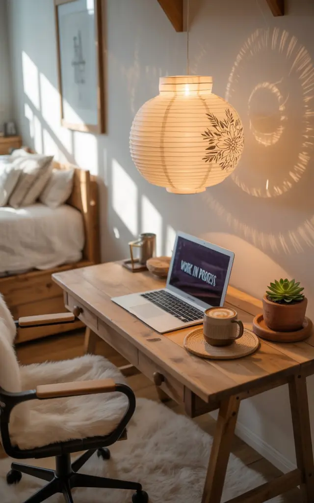 A photograph of a modern farmhouse-style home office bathed in the soft glow of a single paper lantern. The desk, crafted from reclaimed wood, holds a silver laptop displaying “WORK IN PROGRESS” and a ceramic mug with a steaming latte, alongside a small succulent in a terracotta pot. The lantern hangs delicately above, casting intricate floral patterns on the whitewashed walls and a plush, cream-colored rug beneath an ergonomic grey chair with a leather footrest. Gentle light from a nearby window illuminates a glimpse of a cozy bed in the background, completing the peaceful and inviting workspace.
