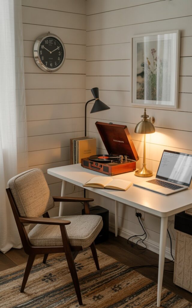 A photograph showcasing a farmhouse-style home office nestled within a cozy living room corner. A minimalist white desk holds a vintage record player with a polished wood finish, alongside a silver laptop, open linen notebooks, and a brass study lamp casting a warm glow. A mid-century modern armchair upholstered in textured beige fabric sits invitingly nearby, complemented by a patterned woven rug and a sleek black floor lamp, all set against a backdrop of white shiplap walls adorned with a classic round clock displaying "10:17". Subtle vintage touches like a stack of vinyl records and a framed print of wildflowers add character and warmth to the elegant and personal workspace.