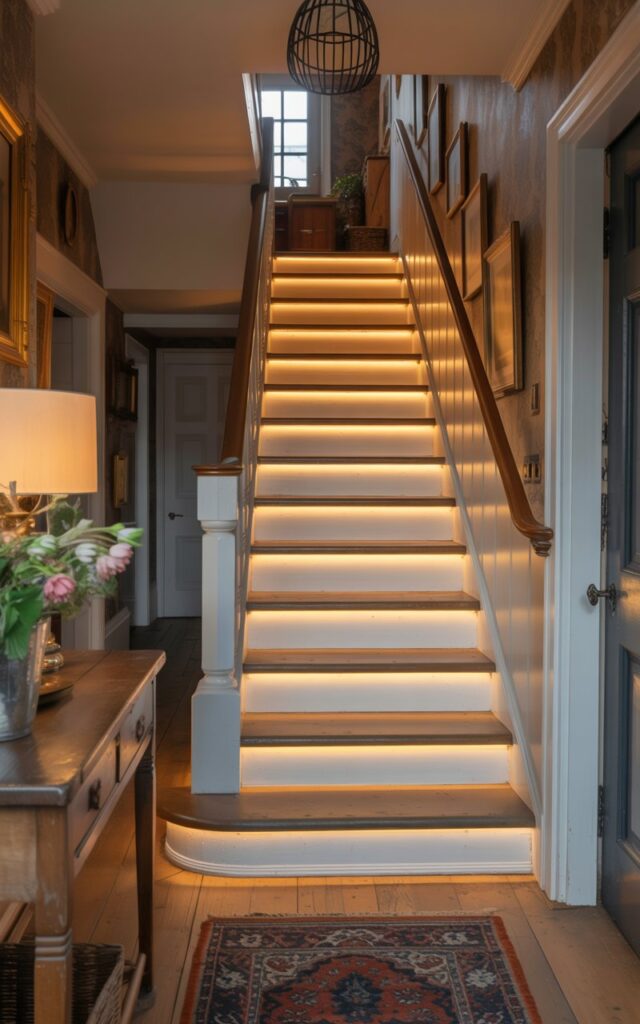 A fully furnished English countryside hallway at night featuring a charming wooden staircase illuminated by warm LED strip lighting under each step. The glow softly highlights the natural oak treads and white-painted risers, casting a cozy, inviting ambiance. The hallway includes rustic details—vintage wallpaper, framed art, and a Persian runner. A wooden console with fresh flowers and a softly glowing table lamp adds warmth. The mood feels serene, elegant, and timelessly British.