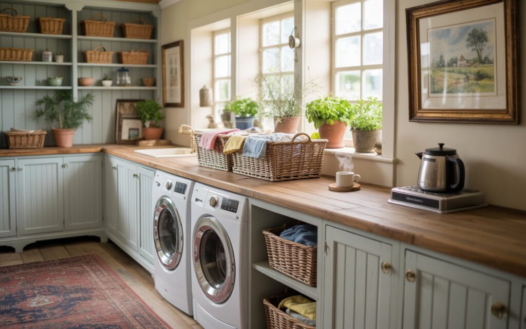 A photograph of a bright and inviting English countryside-style laundry room, showcasing a warm and functional design. A sturdy, weathered wooden countertop sits atop a side-by-side washer and dryer, adorned with a collection of woven baskets holding neatly folded linens and a small ceramic coffee maker with a steaming mug. Soft pastel-blue cabinetry lines the walls, displaying an array of storage containers and accented by brass hardware and a vintage patterned rug layered over the pale wooden floor. Natural light filters through the paned windows, illuminating potted herbs and delicate floral arrangements alongside a framed watercolor painting of a rural landscape.