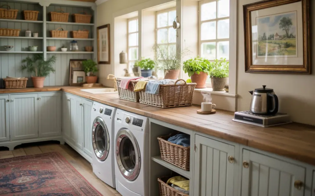 A photograph of a bright and inviting English countryside-style laundry room, showcasing a warm and functional design. A sturdy, weathered wooden countertop sits atop a side-by-side washer and dryer, adorned with a collection of woven baskets holding neatly folded linens and a small ceramic coffee maker with a steaming mug. Soft pastel-blue cabinetry lines the walls, displaying an array of storage containers and accented by brass hardware and a vintage patterned rug layered over the pale wooden floor. Natural light filters through the paned windows, illuminating potted herbs and delicate floral arrangements alongside a framed watercolor painting of a rural landscape.