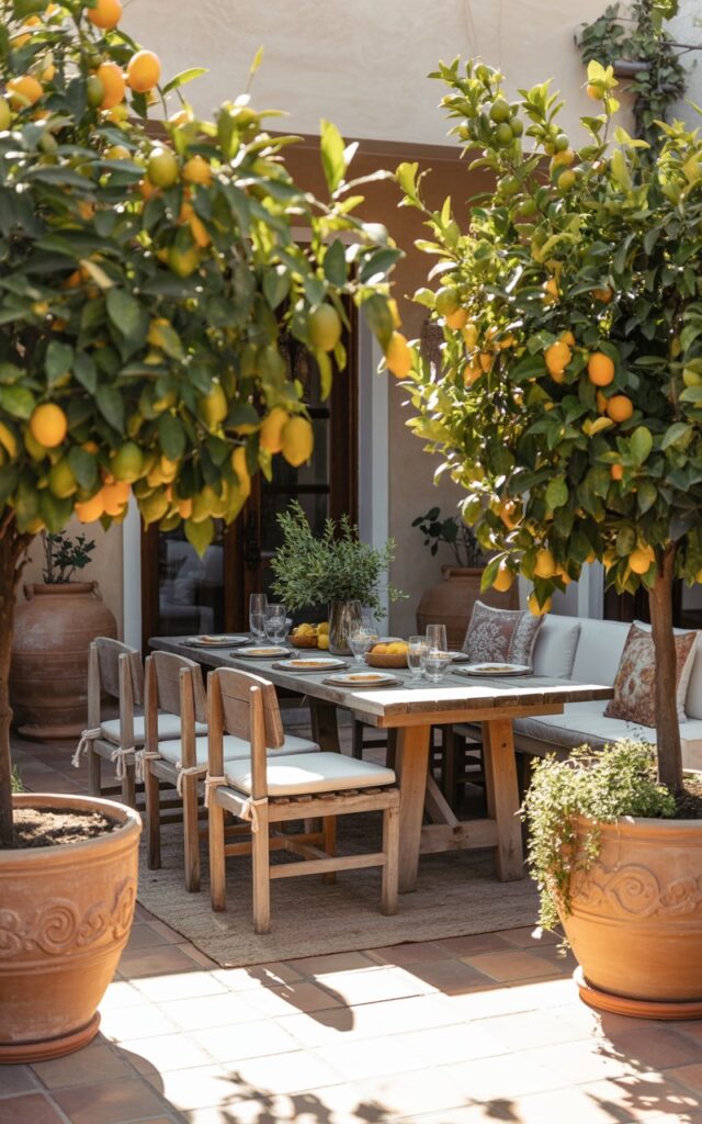 A photograph of a beautifully furnished Mediterranean-style patio, centered around a rustic wooden dining table set for a casual brunch. The table is adorned with a simple centerpiece of lemons and olive branches, and is surrounded by six weathered wooden chairs with cream-colored cushions. Framing the patio are two large terracotta pots overflowing with vibrant orange citrus trees, their glossy green leaves dappled with sunlight, while a soft neutral rug lies beneath the table, complemented by comfortable lounge seating with patterned throws. Warm sunlight filters through the trees, casting long shadows across the terracotta-tiled flooring and highlighting decorative terracotta pots and trailing vines around the edges, creating a serene and inviting atmosphere.
