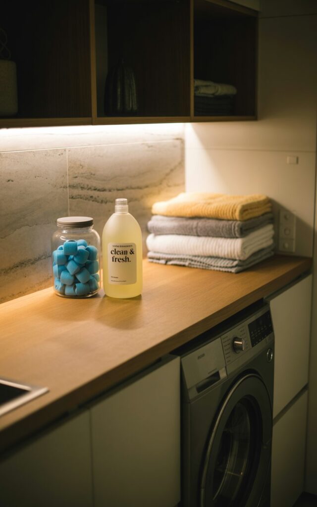 A photograph of a meticulously organized Scandinavian-coastal style laundry room bathed in the soft glow of nighttime. A sleek, light oak wooden countertop holds a collection of neatly arranged cleaning supplies—a glass jar filled with vibrant blue laundry pods, a bottle of lemon-scented washing liquid labeled "“Clean & Fresh”", and folded towels in shades of cream and pale gray. Below the countertop, a modern washing machine stands quietly, its stainless-steel door reflecting the warm under-cabinet lighting, while the background features subtly textured stone surfaces and minimalist shelving. The scene exudes a sense of calm and understated elegance, with ambient light gently highlighting the natural textures and neutral color palette.