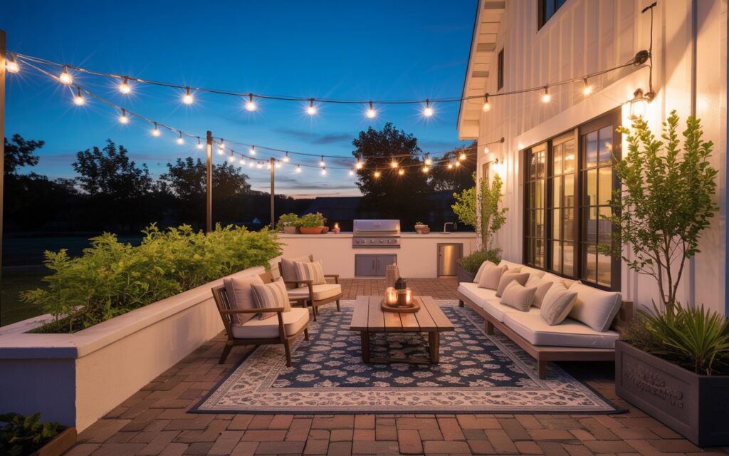 A photograph of a charming farmhouse-style patio bathed in the soft glow of dusk. A patterned area rug covers rustic paver blocks, defining a cozy lounge area centered around a low wooden coffee table and comfortable cushioned chairs. String lights draped overhead cast a warm shimmer across the space, highlighting a small cooking area with a built-in grill and planters brimming with vibrant greenery. The twilight sky, a gentle blue hue, creates an inviting atmosphere perfect for relaxed evenings and intimate gatherings.