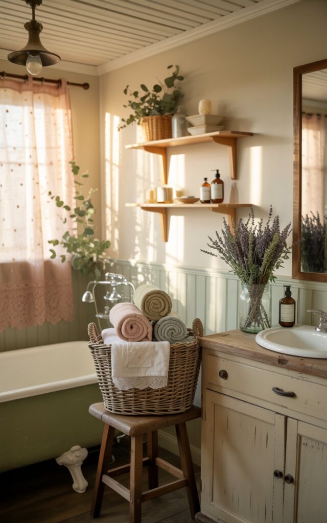 A photograph of a charming cottagecore bathroom featuring a vintage clawfoot tub and distressed wooden vanity with ceramic fixtures. Spa-style towels in soft cream, sage green, and blush pink are neatly rolled and arranged in a woven wicker basket that sits atop a rustic wooden stool. The space is adorned with dried lavender and eucalyptus sprigs in clear glass mason jars, wooden floating shelves displaying ceramic soap dishes and apothecary bottles, and delicate lace curtains that filter warm natural light across the room. A detailed beadboard ceiling showcases a vintage brass pendant light, while the walls feature soft sage green wainscoting that complements the serene, nature-inspired atmosphere.