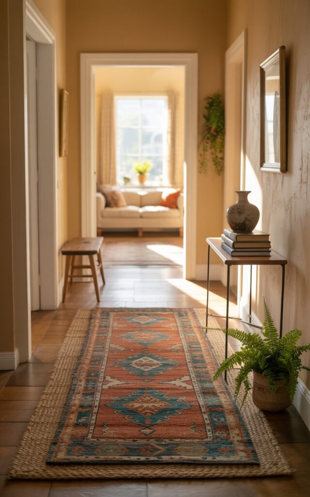 A photograph of a warmly lit hallway in a charming countryside home, leading towards a glimpse of a cozy living room. The hallway's focal point is the striking layered rug combination: a natural jute rug forms the base, topped with a vibrant, vintage-style rug featuring a geometric pattern in shades of orange, teal, and cream. A slim console table adorned with a ceramic vase and a stack of antique books rests against one wall, while a small wooden bench sits invitingly nearby, accented by a potted fern. Soft, diffused sunlight streams through a window at the hall's end, highlighting the warm wooden floors and textured beige walls.