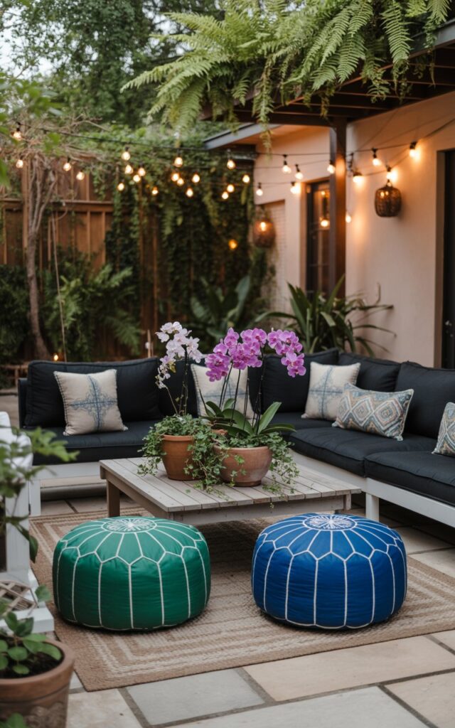 A photograph of a cozy backyard patio designed in an eclectic style. Two plush Moroccan poufs, one in emerald green and the other in sapphire blue, sit invitingly before a deep charcoal grey sectional sofa adorned with patterned cushions. A low, reclaimed wood coffee table holds a scattering of terracotta pots filled with trailing ivy and vibrant orchids, while soft string lights are draped across a nearby pergola, creating a warm, ambient glow. The patio is paved with light-colored stone tiles and framed by lush, mature ferns, suggesting a tranquil and secluded retreat.