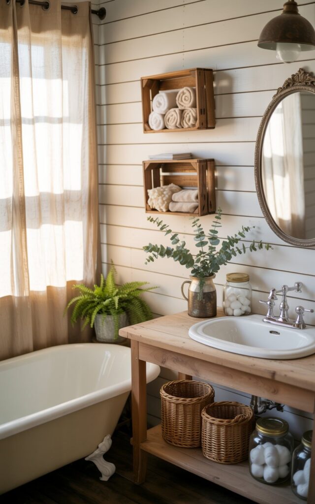 A photograph of a charming farmhouse-style bathroom featuring a pristine white clawfoot tub positioned near a curtained window that filters soft, golden natural light across the space. The rustic wooden vanity displays a classic white porcelain sink, while white shiplap walls create a clean backdrop for one or two small hand-painted wooden crates mounted at eye level, filled with neatly rolled cream-colored towels and folded magazines. Woven rattan baskets sit beneath the vanity alongside clear glass mason jars filled with fluffy cotton balls, while a vintage oval mirror with an ornate bronze frame hangs above the sink. Fresh eucalyptus sprigs in a ceramic pitcher and a small potted fern add natural greenery, creating a cozy, lived-in atmosphere that perfectly captures classic farmhouse warmth and handmade character.