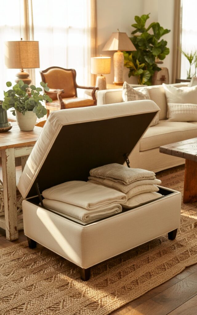 A photograph of a farmhouse-style living room showcasing a cream-colored upholstered ottoman with its hinged top open, revealing neatly folded wool blankets and throw pillows stored inside. The ottoman sits beside a weathered wooden console table, surrounded by a plush beige sofa with linen cushions, distressed wood coffee table, and vintage leather armchairs arranged on a geometric patterned jute rug. Soft layered lighting from table lamps with burlap shades and natural sunlight streaming through sheer curtains bathes the space in warm golden tones, while potted eucalyptus and fiddle leaf fig plants add fresh greenery to complete the cozy, functional farmhouse aesthetic.