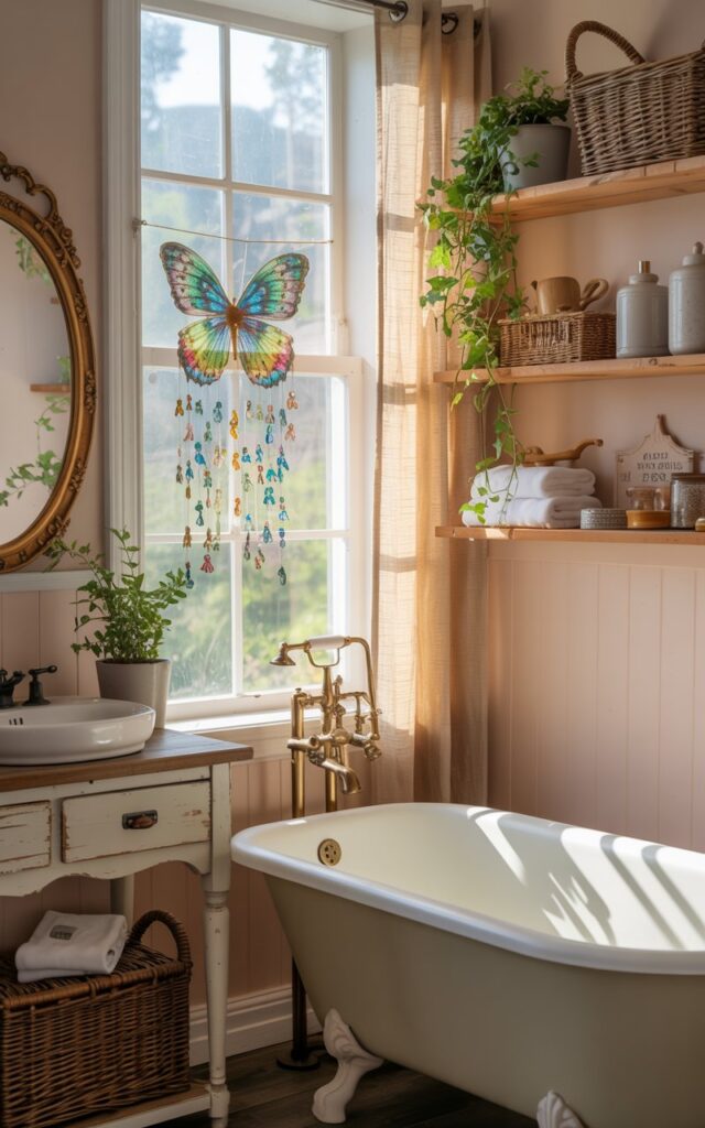 A photograph of a fully furnished modern cottagecore bathroom bathed in soft, natural light streaming through a large window. A delicate mini butterfly-shaped suncatcher with vibrant blues, greens, and amber hues hangs in the window, casting tiny prismatic rainbows across the cream-colored walls and surfaces. The space features a freestanding clawfoot bathtub in matte white, a reclaimed wooden vanity with brass fixtures, a vintage oval mirror with an ornate frame, and open wooden shelving displaying neatly folded linen towels, trailing potted ivy, and ceramic apothecary jars. The color palette consists of soft cream, sage green, and dusty rose tones, enhanced by natural textures like woven wicker baskets, linen curtains, and warm wood grain that create a cozy, whimsical atmosphere filled with serene morning light.