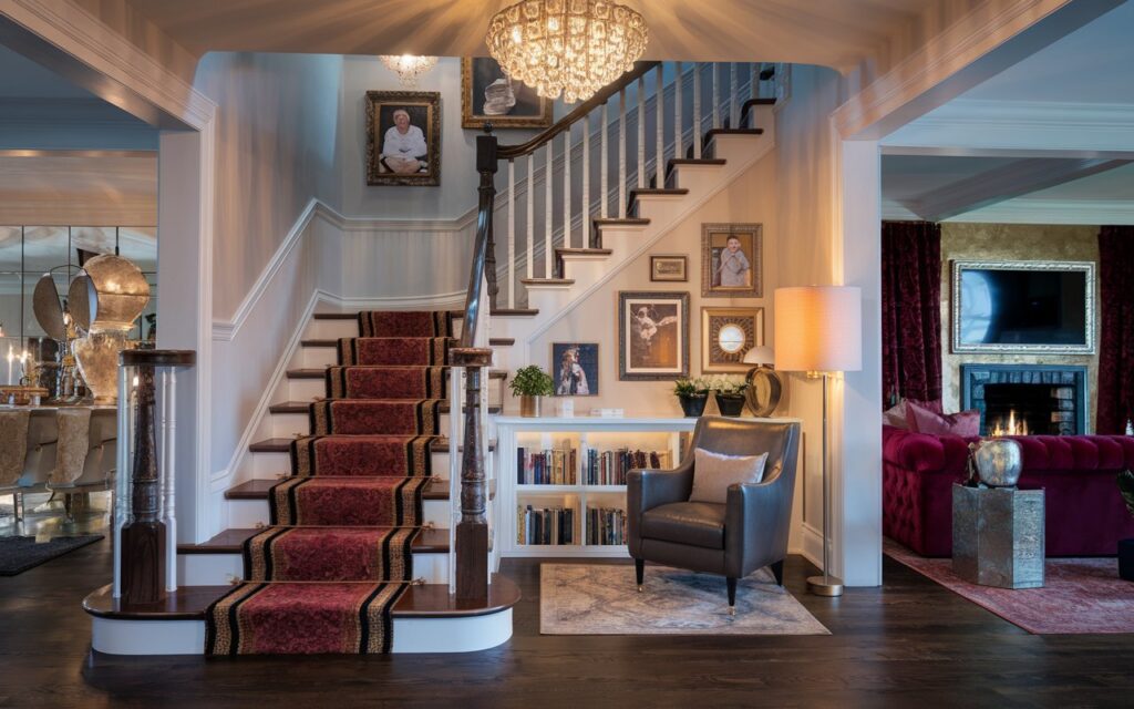 A night photo of a countryside posh glam style living room with a fully furnished staircase. The staircase has polished wooden treads with a bold, contrasting patterned runner, patterned designer balusters, and an intricately carved newel post. Beneath the stairs, there is a cozy mini-library with neatly arranged books, small plants, and a sleek armchair with a floor lamp. The staircase wall has a gallery of 3-4 family photos in varied vintage-style frames. Above, a dramatic statement chandelier casts a warm, golden glow over the stairs. The living room has velvet cushions, a fireplace with TV, metallic accents, and layered rugs—blending rustic charm with glamorous sophistication.