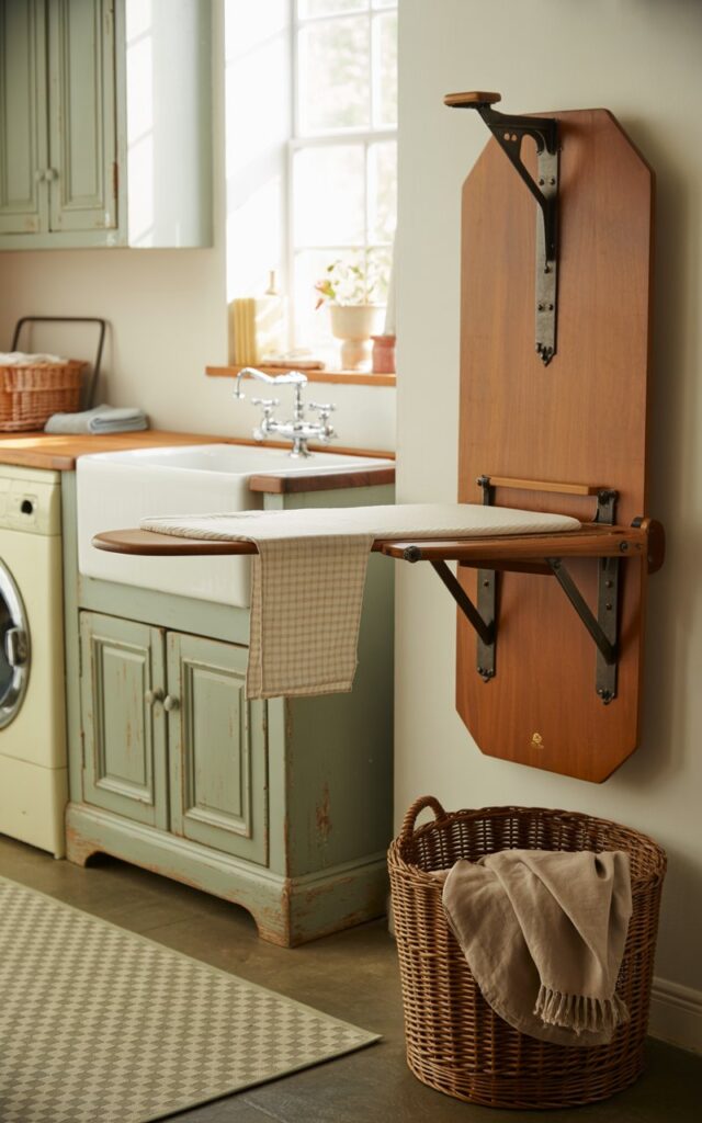 A photograph of a neatly mounted fold-down ironing board in a charming vintage laundry room. The ironing board, crafted from aged wood and adorned with antique brass hinges, is partially extended, revealing a crisp, linen ironing cloth. Below, classic cabinetry with distressed teal finishes and a farmhouse sink stand on a floor covered by a geometric patterned rug, bathed in soft natural light filtering through a window.  A vintage washing machine with a cream-colored enamel finish and a woven laundry basket overflowing with folded towels add to the room's nostalgic appeal.