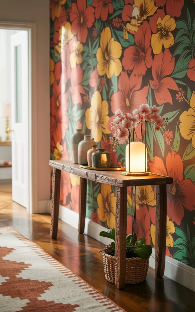 A photograph of a stylish Balinese-inspired hallway featuring a vibrant wall adorned with bold floral peel-and-stick wallpaper depicting large hibiscus flowers in shades of coral, gold, and emerald green. In front of the wallpaper sits a slim console table crafted from dark, reclaimed wood, displaying a collection of ceramic vases, a brass table lamp emitting a warm glow, and a small arrangement of orchids in a woven basket. A plush runner with a geometric pattern in cream and terracotta lies on the polished hardwood floor, while soft, natural light streams in from a doorway, highlighting the textures and creating an inviting atmosphere. The hallway exudes a sense of refined elegance and playful glamour.