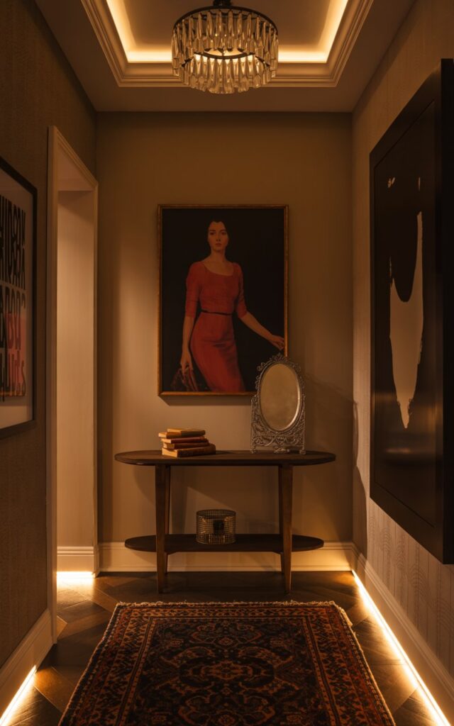 A photograph of a dimly lit hallway bathed in the soft glow of LED strip lighting installed along the baseboards. The hallway's focal point is a sleek, dark wood console table adorned with a vintage silver mirror and a stack of antique books, positioned directly beneath a striking portrait of a woman in "a crimson dress". A plush, patterned rug lies underfoot, contrasting with the coffered ceiling from which a crystal chandelier casts an additional layer of subdued light. The walls showcase a mix of textures, including textured wallpaper and bold, abstract artwork, contributing to a warm, stylish, and slightly dramatic ambience.
