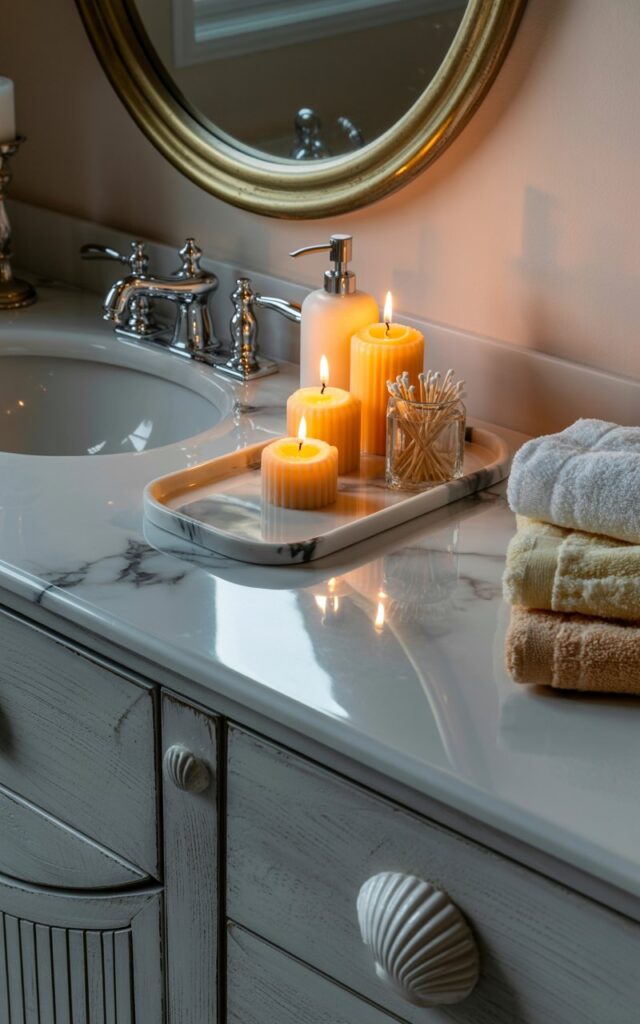 A nighttime photograph of an elegant bathroom vanity combining glamorous and coastal design elements, featuring a pristine white marble countertop with subtle gray veining. Two to three fall-scented candles of varying heights are artfully arranged on a polished marble tray, their warm flames flickering and casting golden reflections across the surface, alongside a sleek soap dispenser, a small crystal jar filled with cotton swabs, and neatly folded plush towels in cream and soft beige tones. The whitewashed vanity base showcases coastal charm with subtle seashell accents, while a round mirror with an ornate brass frame reflects the ambient candlelight. Warm, diffused lighting creates an intimate atmosphere, highlighting the interplay between luxurious metallic details and the serene, airy coastal aesthetic.