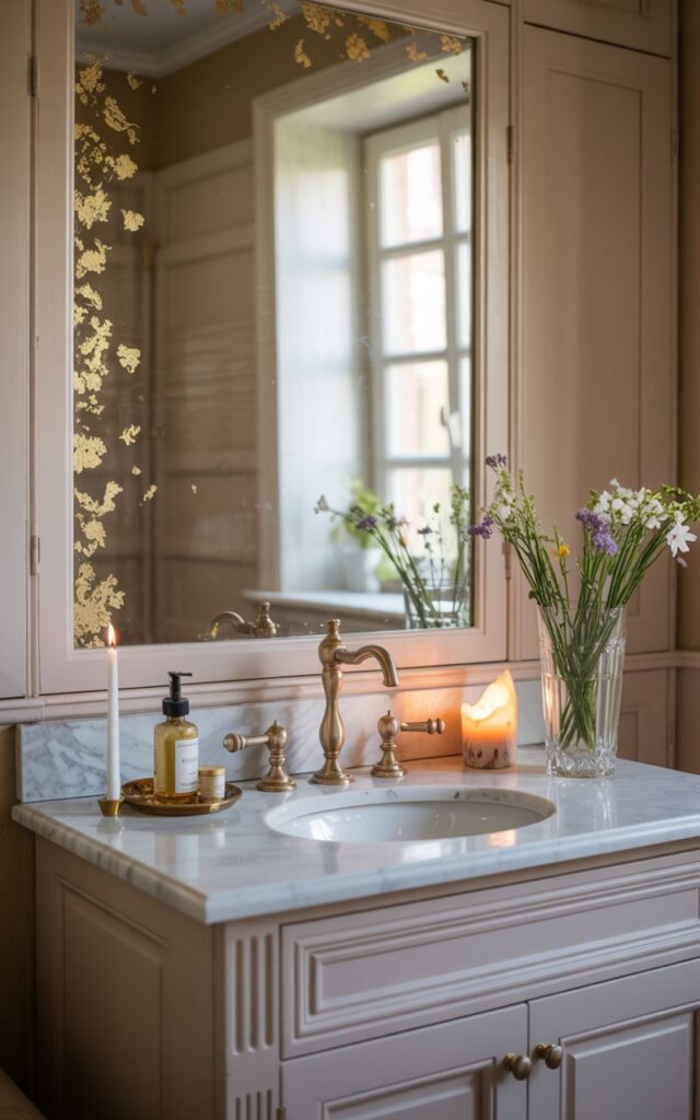 A photograph of an elegant bathroom vanity that perfectly blends countryside charm with modern glamour, featuring a pristine marble countertop and soft pastel-painted cabinetry. The focal point is a mirror adorned with delicate temporary gold leaf corners that shimmer and catch the natural light streaming through a nearby window. Vintage-inspired brushed brass fixtures complement the refined aesthetic, while a crystal vase holds fresh wildflowers, a vanilla candle flickers softly, and carefully arranged beauty essentials create an effortlessly graceful vignette. The warm natural lighting bathes the entire scene in a cozy, sophisticated glow that highlights every subtle detail and metallic accent.