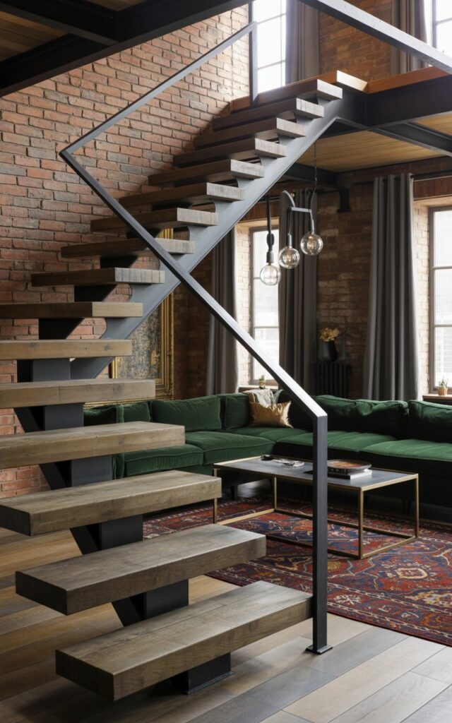 A dramatic interior photograph of a glam-industrial living room dominated by a striking floating staircase with thick reclaimed wood planks and sleek matte black metal brackets. The minimalist steel railing follows clean geometric lines, appearing to defy gravity as the steps ascend without visible supports. The space perfectly balances raw industrial elements—exposed red brick walls, charcoal steel-framed furniture, and Edison bulb pendant lights—with luxurious touches including emerald velvet sectional seating, brass accent tables, and a rich Persian area rug in deep jewel tones. Floor-to-ceiling windows draped with charcoal linen curtains flood the space with natural light, creating dramatic shadows that emphasize the textural contrast between weathered materials and polished glamour.