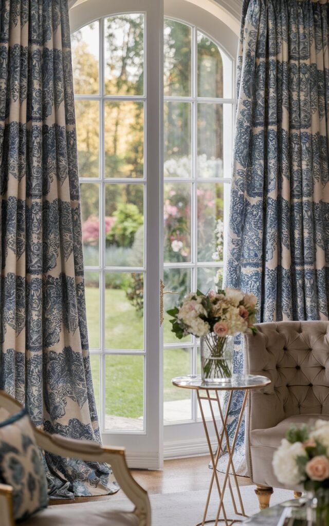 A photo of a glamorous and posh countryside-style living room with a close-up view of elegant blue-and-white patterned curtains framing large windows that open to a lush garden view. The fabric features intricate prints with a soft sheen, catching the gentle afternoon light. In the background, hints of refined countryside decor appear — a tufted armchair, gold-accented side table, and fresh flowers in a crystal vase. The overall mood feels luxurious yet relaxed, blending rustic charm with sophisticated elegance.