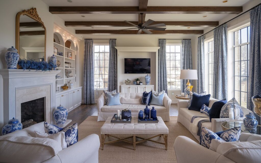 A photo of a luxurious English countryside-style living room infused with glam accents. The room is styled for fall with a blue-and-white decor, and it features a cozy seating area with plush sofas, layered blue-and-white throw pillows, and soft patterned blankets. Blue-and-white ceramic pumpkins, vases, and candles are arranged tastefully on the mantel, coffee table, and side tables. Elegant gold and crystal accents add a touch of sophistication. Warm natural light streams through large curtained windows, highlighting rich textures like wooden beams, ornate mirrors, and woven rugs. The space has a fireplace + TV, ceiling fan, shelves, etc. The overall vibe is polished yet cozy, seasonal, and effortlessly stylish.