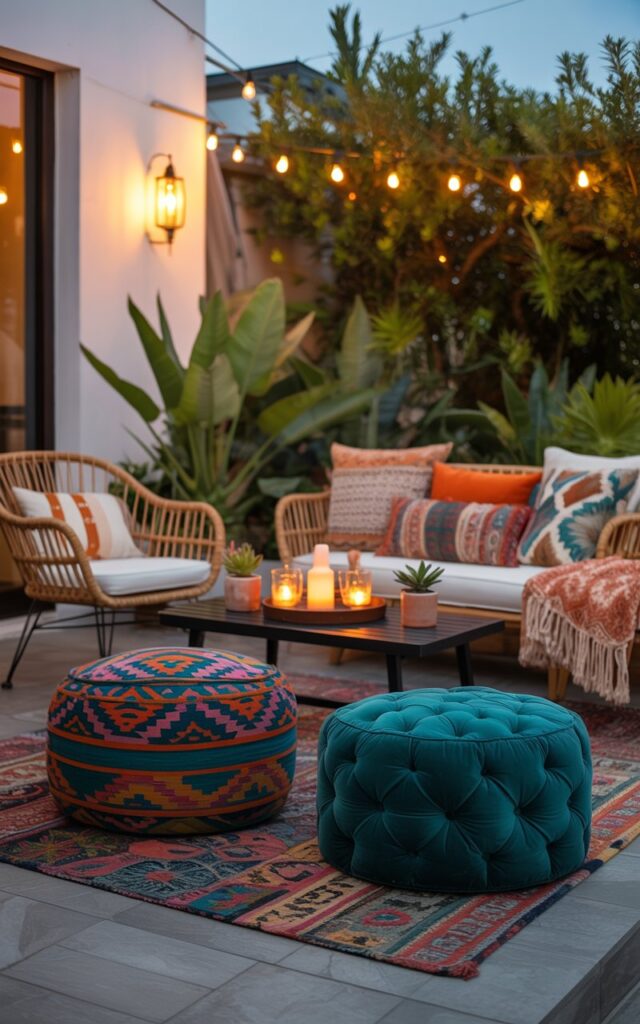 A photograph of a maximalist-Boho patio scene bathed in the soft glow of evening dusk. The central focus is a pair of vibrant poufs—one showcasing bold geometric patterns in shades of orange and teal, the other a rich, tufted velvet in deep emerald green—strategically placed on a layered arrangement of patterned throws. Surrounding the poufs are rattan chairs and a cozy loveseat, overflowing with eclectic cushions and blankets, while a low wooden coffee table holds a cluster of flickering candles and small potted succulents. Lush greenery and hanging lanterns with warm string lights create an inviting, playful atmosphere, emphasizing the patio's free-spirited charm.