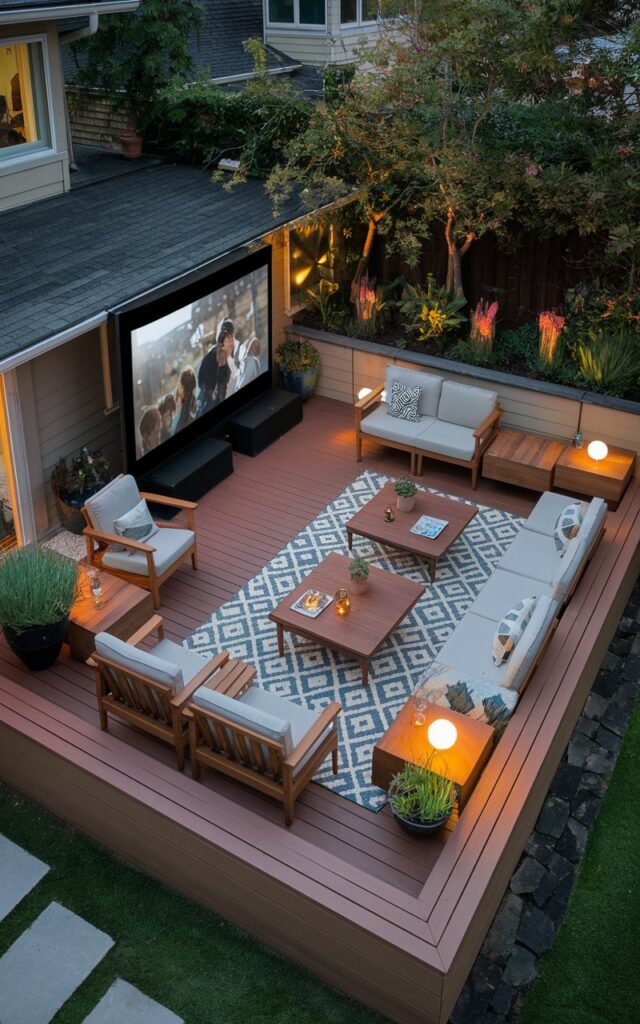 A photo of a mid-century modern backyard patio attached to a home. The patio has a decked lounge area with a surrounding compound wall. The area is designed for outdoor movie nights and has a large outdoor projector screen displaying a movie. There is modular lounge seating with low tables. The patio is fully furnished with wooden chairs, cushioned sofas, patterned rugs, and potted greenery. Soft ambient lighting and subtle accent lamps create a warm evening vibe.