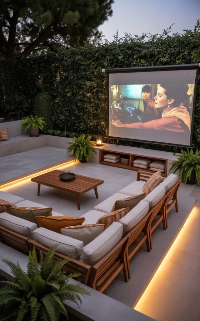 A photograph of a stylish mid-century modern backyard patio designed as a tiered amphitheater for outdoor entertaining. A large, modular sectional sofa in a neutral linen fabric dominates the lower level, accented by a teak wood coffee table and scattered plush cushions in muted earth tones. A partially open storage bench reveals neatly folded throws, while a large projector screen displays a vibrant, vintage film scene, softly illuminating the space. Lush potted ferns and minimalist pathway lighting accentuate the clean lines of the patio, creating a warm and inviting atmosphere under the twilight sky.