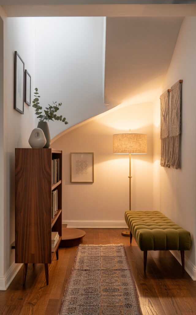 A photograph of a meticulously designed mid-century modern hallway nestled beneath a sweeping staircase. A slender, walnut bookshelf stands against the wall, displaying a curated collection of leather-bound books and a sleek ceramic vase with sprigs of eucalyptus. A brass floor lamp with a linen shade casts a warm, inviting glow on a velvet tufted bench in a muted olive green color, complemented by a patterned runner rug on the rich oak floors. The space features minimalist artwork and a textured jute wall hanging, bathed in soft, diffused natural light filtering through a nearby window.