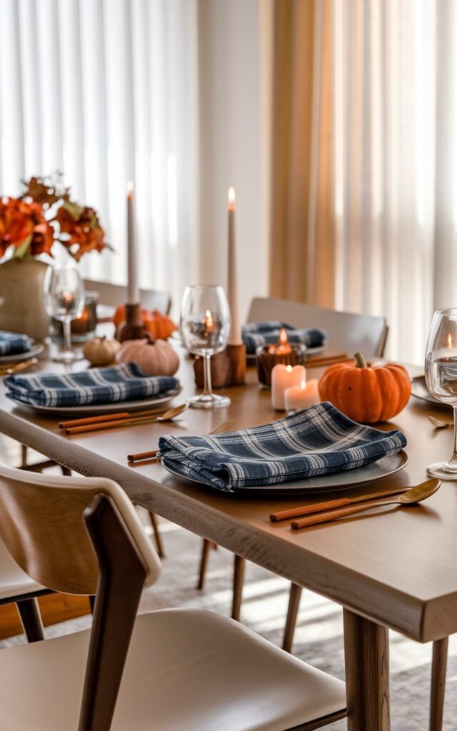 A photo of a mid-century modern dining area styled for fall, focusing on a close-up of neatly folded blue-and-white plaid napkins arranged on the dining table. The table is adorned with subtle autumn accents like small pumpkins, candles, and rustic wood elements. Clean-lined mid-century chairs, warm wood tones, and soft natural light from nearby curtained windows frame the scene, creating a cozy yet stylish tabletop. The overall vibe is polished, inviting, and perfectly seasonal.