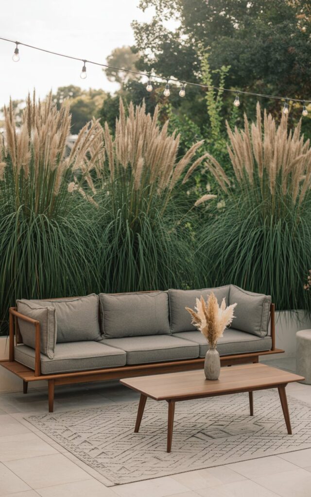 A photograph of a mid-century modern patio, showcasing a low-slung teak sofa with plush, dove-grey cushions as the central focus. The sofa sits atop a geometric patterned rug and is accented by a minimalist walnut coffee table displaying a single vase of dried pampas grass, creating a calm and inviting scene. Tall ornamental grasses in varying shades of green and beige gently frame the patio, providing a natural privacy screen and a soft backdrop to the scene, while warm string lights are artfully strung above. The patio is bathed in the soft, diffused light of a late afternoon sun, creating a serene and stylish outdoor retreat.