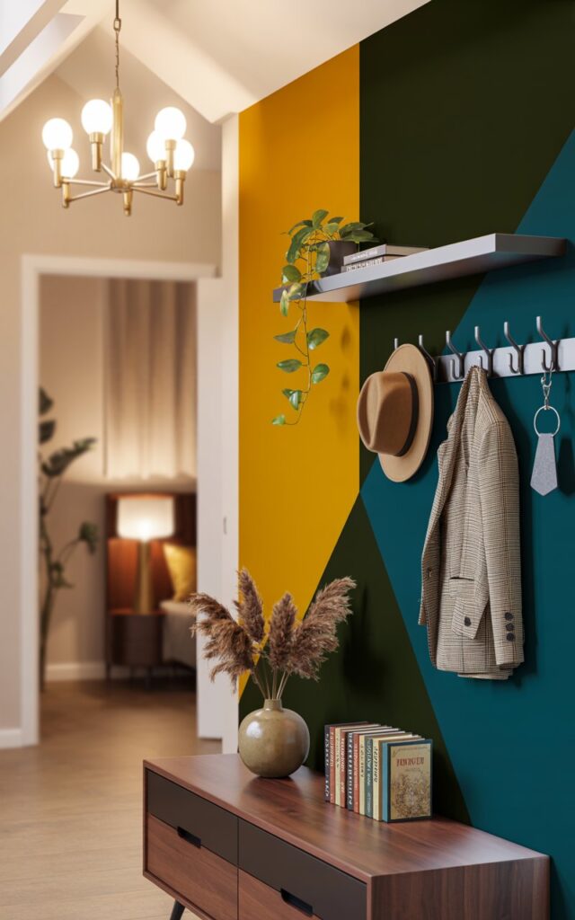 A photograph of a mid-century modern hallway illuminated by the soft glow of a brass chandelier hanging from the vaulted ceiling. The focal point is a vibrant accent wall with a geometric pattern of mustard yellow, deep green, and teal blue, perfectly contrasting the neutral beige of the opposite wall. A sleek, dark wood console table sits before the accent wall, displaying a collection of vintage books, a ceramic flower vase filled with dried pampas grass, and a set of minimalist wall hooks holding a felt hat, a tweed jacket, and a silver keychain; a single trailing pothos plant sits on a floating shelf above. The hallway leads invitingly toward a softly blurred glimpse of a bedroom, creating a stylish and functional transition space.