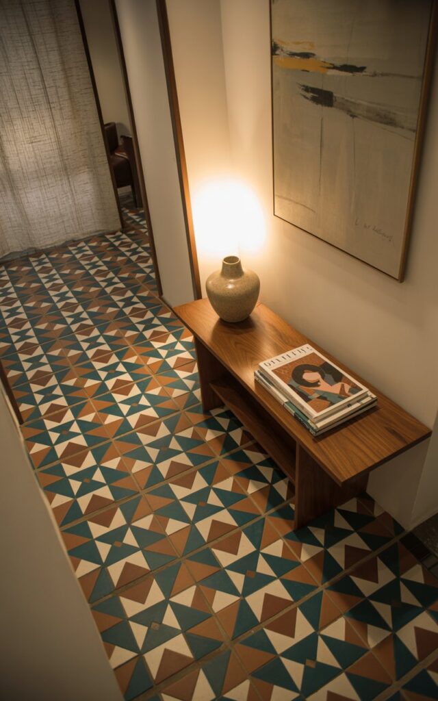 A photograph of a mid-century modern hallway showcasing striking geometric Moroccan print tiles as the dominant flooring feature. The tiles, a bold mix of deep teal, burnt orange, and cream, create a dynamic pattern guiding the eye down the corridor, which is elegantly furnished with a sleek walnut console table displaying a ceramic vase and a stack of vintage magazines. A minimalist abstract painting hangs on the wall above the table, illuminated by the warm glow of a single recessed light fixture that highlights the clean lines of the space, leading toward a subtly visible adjoining room with a textured linen curtain. The top-angle view captures the entire hallway, emphasizing the interplay between the patterned floor and the understated mid-century aesthetic.