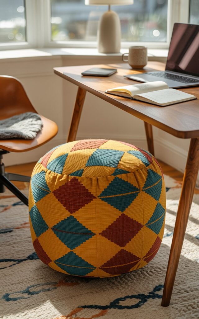 A photograph of a vibrant, patterned pouf taking center stage in a mid-century modern home office. The pouf, covered in a playful geometric design of mustard yellow, teal, and burnt orange, sits invitingly beside a sleek wooden desk with angled legs, showcasing its quirky charm. A laptop, open notebook, and a ceramic coffee mug sit neatly on the desk, while sunlight streams in through a nearby bay window, illuminating the textured rug underneath and the comfortable ergonomic chair with a soft grey throw. The overall scene evokes a cozy and stylish atmosphere, perfect for focused work and creative inspiration.