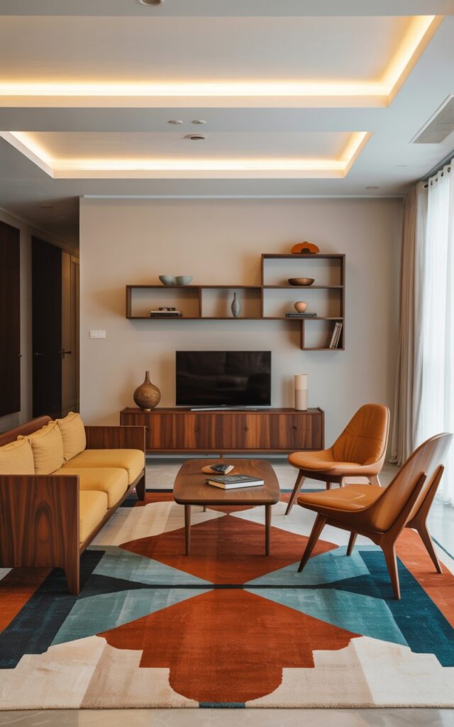 A mid-century modern living room showcasing a bold geometric patterned rug in burnt orange, teal, and cream that serves as the central focal point and color anchor for the entire space. A sleek walnut-framed sofa with mustard yellow cushions faces a low-profile teak coffee table, flanked by iconic Eames-style lounge chairs in rich cognac leather with their signature tapered wooden legs. The entertainment wall features a streamlined walnut credenza supporting a flat-screen TV, with floating geometric shelves displaying carefully curated ceramics and books. Above, a sophisticated coffered ceiling incorporates subtle LED strip lighting that casts warm, even illumination across the room's clean lines and carefully balanced color palette.