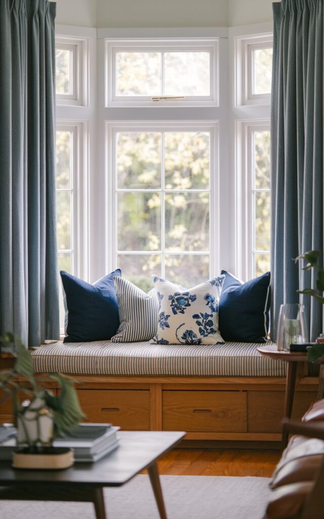 A photo of a mid-century modern living room with a cozy bay window turned into a reading nook. There are 3-4 blue and white pillows with a mix of floral and striped patterns on the window seat. The room has mid-century furnishings, a minimalist coffee table, subtle decor accents, and greenery. The large curtained windows let in soft, natural light, highlighting the textures of the pillows and the warm wood tones of the window seat.
