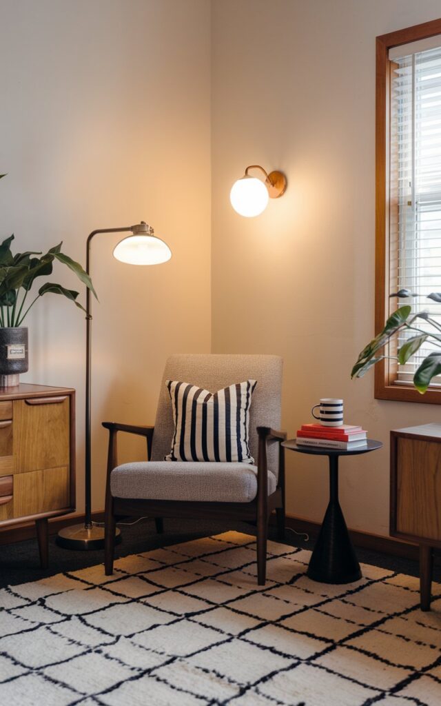 A photo of a mid-century modern living room with a cozy reading nook. A comfy accent chair sits in the corner near a floor lamp and a wall sconce providing soft, warm lighting. A small side table holds a stack of books and a mug. The room features clean lines, wooden furniture, and retro-inspired décor. A textured rug and an indoor plant add warmth and character. The nook feels inviting, stylish, and serene, perfectly blending mid-century charm with everyday comfort.